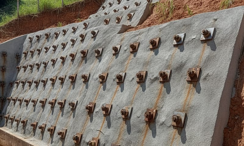 Cortina atirantada em concreto projetado com cabeças de tirantes